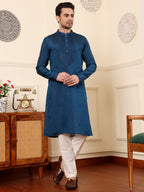 MULTI SHADES Men's Blue Straight Viscose Silk Kurta With Embroidered Neckline And Motifs,Cream Solid Trouser Style Churidar | Grocsy