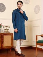 MULTI SHADES Men's Blue Straight Viscose Silk Kurta With Embroidered Neckline And Motifs,Cream Solid Trouser Style Churidar | Grocsy