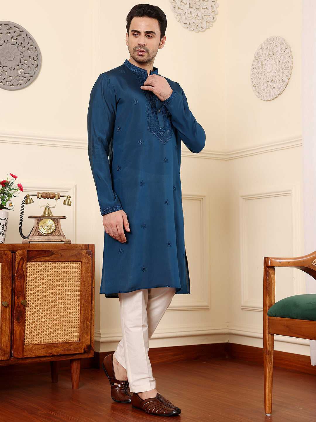 MULTI SHADES Men's Blue Straight Viscose Silk Kurta With Embroidered Neckline And Motifs,Cream Solid Trouser Style Churidar | Grocsy