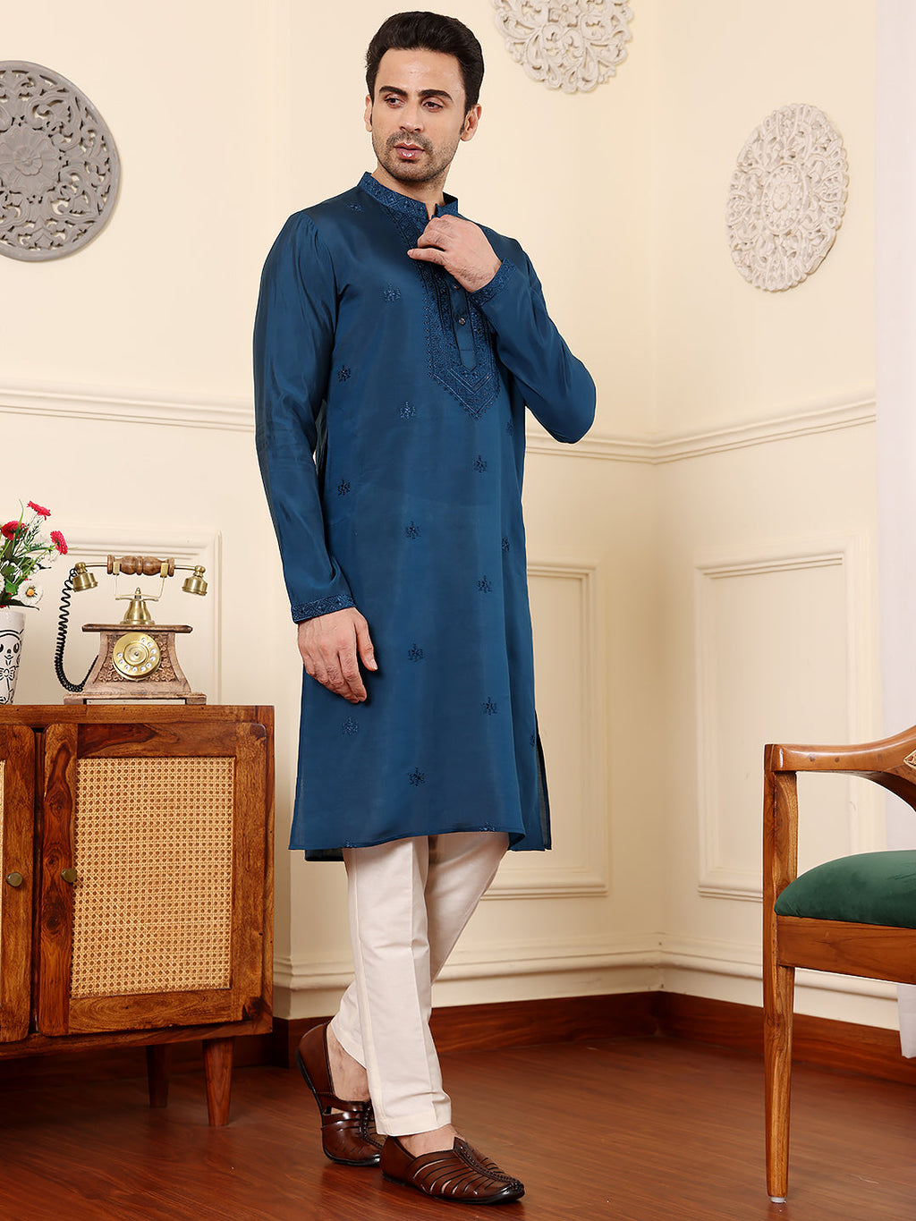 MULTI SHADES Men's Long Sleeve Mandarin Collar Blue Straight Viscose Silk Kurta With Embroidered Neckline And Motifs | Grocsy