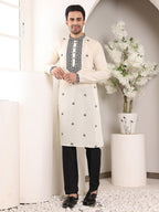MULTI SHADES Men's Long Sleeve Mandarin Collar White Straight Viscose Silk Kurta With Embroidered Neckline And Motifs | Grocsy
