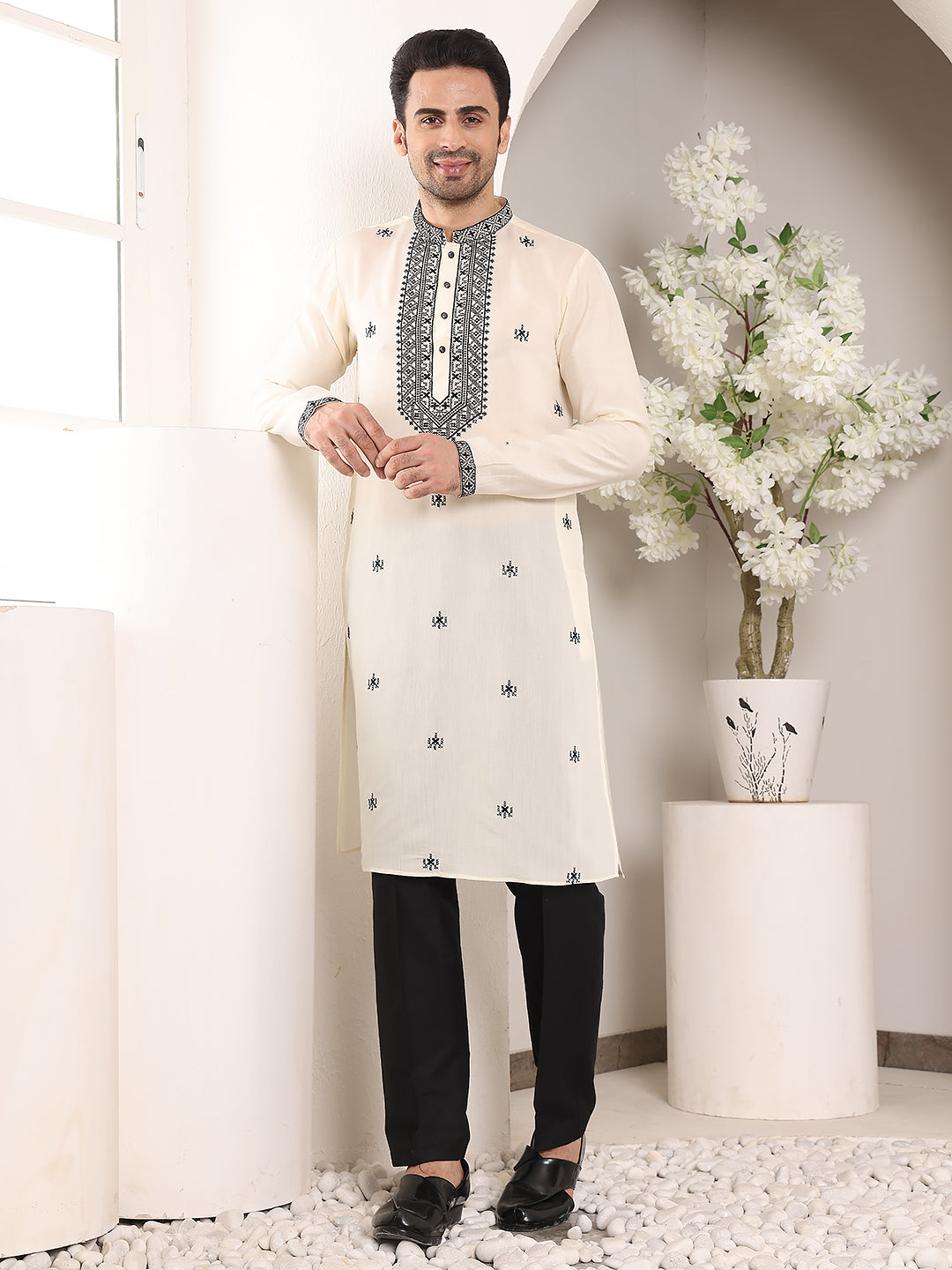 MULTI SHADES Men's Long Sleeve Mandarin Collar White Straight Viscose Silk Kurta With Embroidered Neckline And Motifs | Grocsy