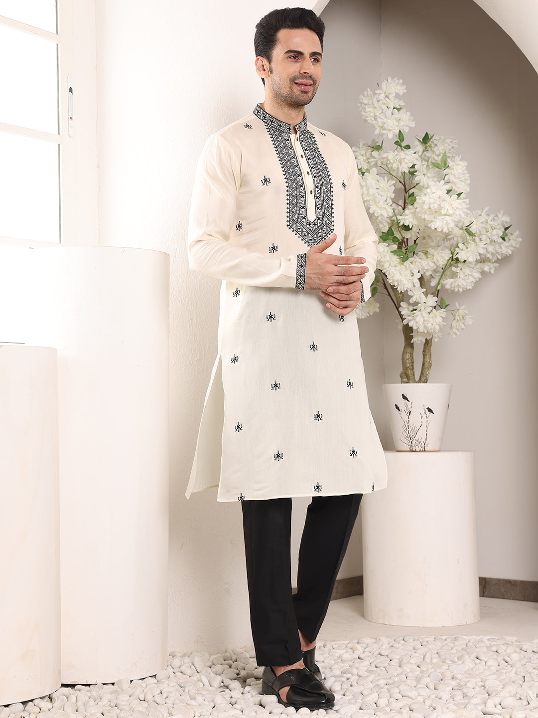 MULTI SHADES Men's White Straight Viscose Silk Kurta With Embroidered Neckline And Motifs,Black Solid Trouser Style Churidar | Grocsy