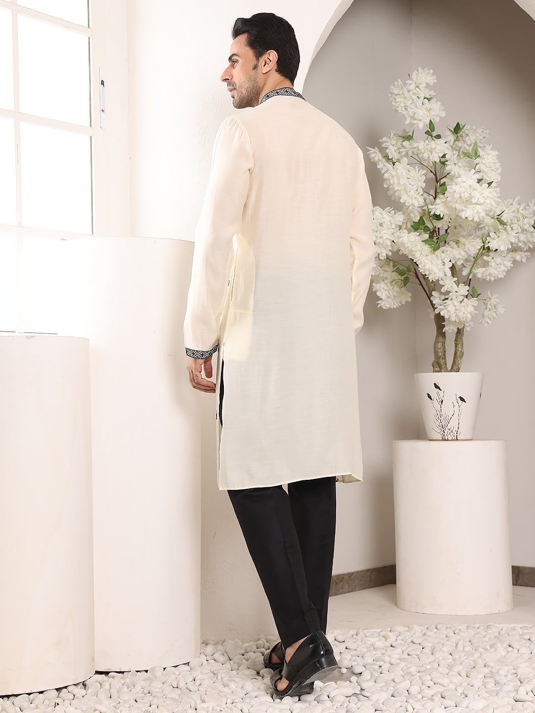 MULTI SHADES Men's White Straight Viscose Silk Kurta With Embroidered Neckline And Motifs,Black Solid Trouser Style Churidar | Grocsy