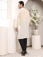 MULTI SHADES Men's Long Sleeve Mandarin Collar White Straight Viscose Silk Kurta With Embroidered Neckline And Motifs | Grocsy