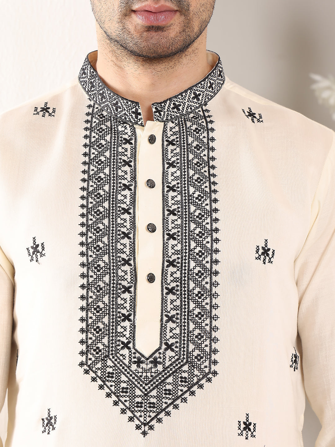 MULTI SHADES Men's White Straight Viscose Silk Kurta With Embroidered Neckline And Motifs,Black Solid Trouser Style Churidar | Grocsy