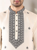 MULTI SHADES Men's Long Sleeve Mandarin Collar White Straight Viscose Silk Kurta With Embroidered Neckline And Motifs | Grocsy