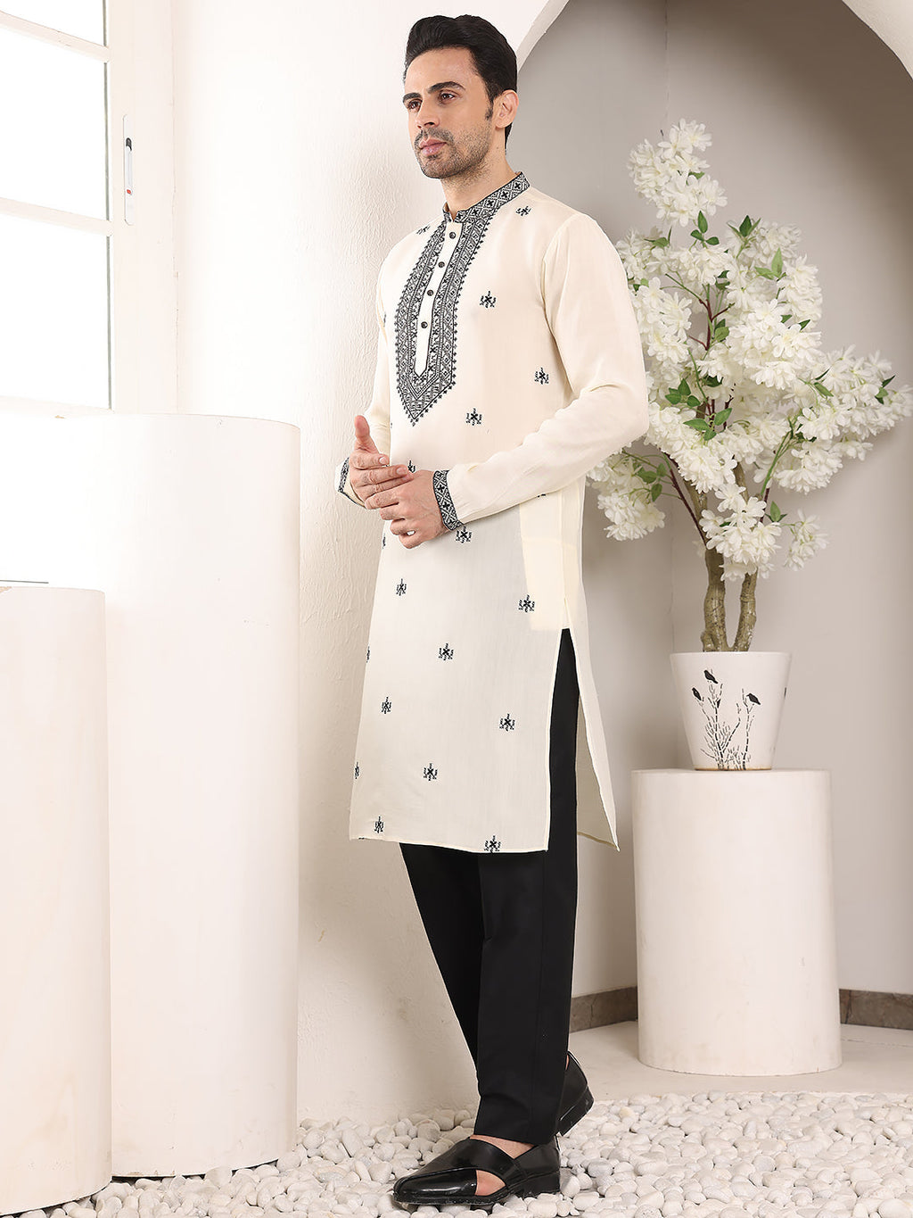 MULTI SHADES Men's White Straight Viscose Silk Kurta With Embroidered Neckline And Motifs,Black Solid Trouser Style Churidar | Grocsy