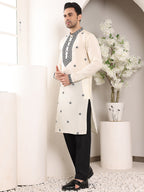 MULTI SHADES Men's Long Sleeve Mandarin Collar White Straight Viscose Silk Kurta With Embroidered Neckline And Motifs | Grocsy