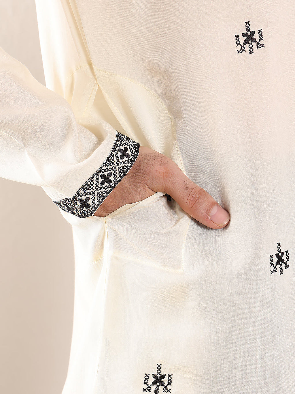MULTI SHADES Men's White Straight Viscose Silk Kurta With Embroidered Neckline And Motifs,Black Solid Trouser Style Churidar | Grocsy