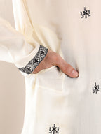 MULTI SHADES Men's Long Sleeve Mandarin Collar White Straight Viscose Silk Kurta With Embroidered Neckline And Motifs | Grocsy