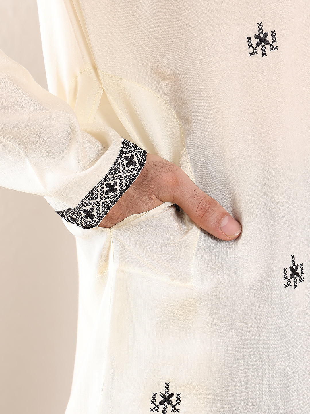 MULTI SHADES Men's Long Sleeve Mandarin Collar White Straight Viscose Silk Kurta With Embroidered Neckline And Motifs | Grocsy
