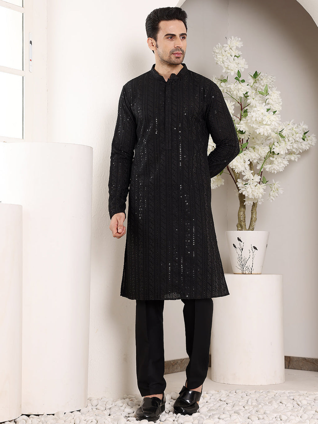 MULTI SHADES Men's Long Sleeve Mandarin Collar Elegant Black Straight Viscose Silk Kurta With Embroidery | Grocsy