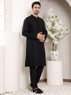 MULTI SHADES Men's Long Sleeve Mandarin Collar Elegant Black Straight Viscose Silk Kurta With Embroidery | Grocsy