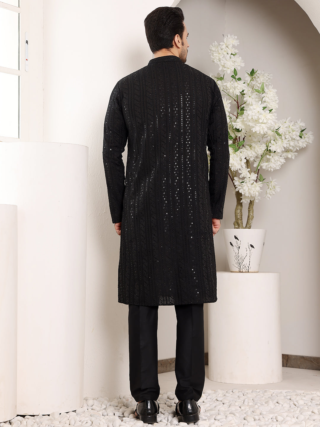 MULTI SHADES Men's Long Sleeve Elegant Black Straight Viscose Silk Kurta With Embroidery And Black Solid Churidar | Grocsy