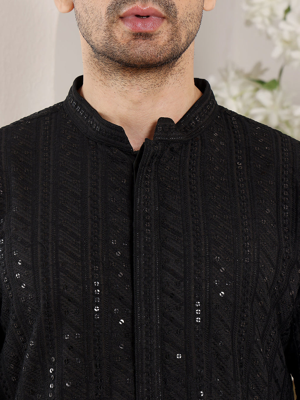 MULTI SHADES Men's Long Sleeve Elegant Black Straight Viscose Silk Kurta With Embroidery And Black Solid Churidar | Grocsy