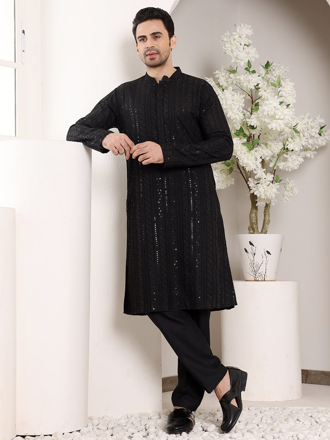 MULTI SHADES Men's Long Sleeve Elegant Black Straight Viscose Silk Kurta With Embroidery And Black Solid Churidar | Grocsy