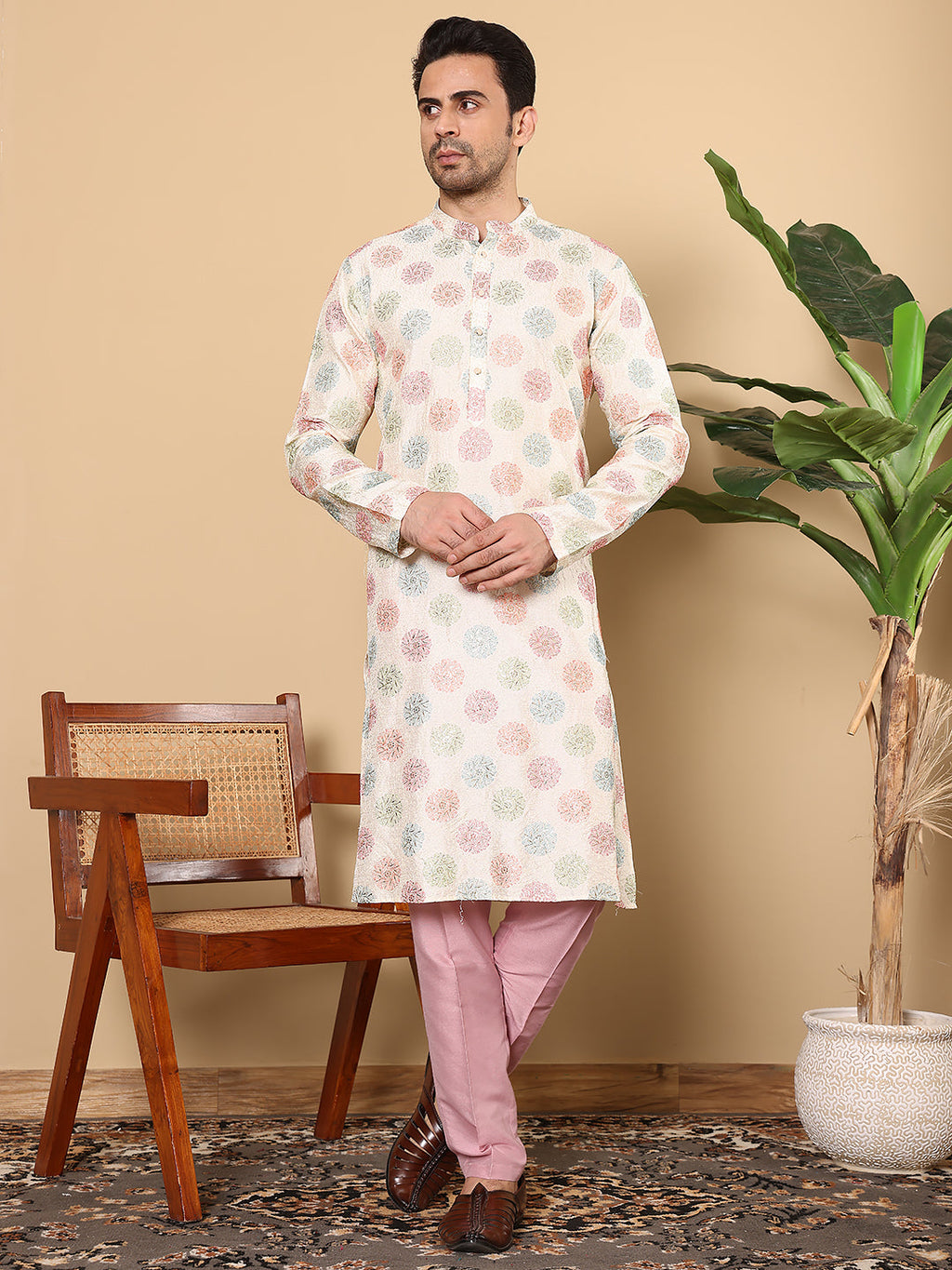 MULTI SHADES Men's Long Sleeve Mandarin Collar Elegant Cream Straight Viscose Dupion Silk Kurta With Embroidery | Grocsy