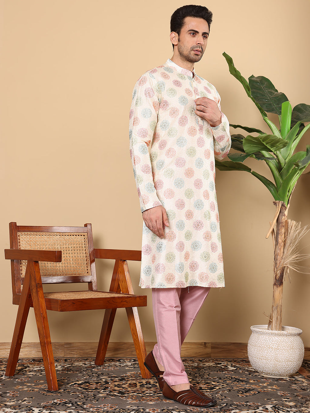 MULTI SHADES Men's Long Sleeve Mandarin Collar Elegant Cream Straight Viscose Dupion Silk Kurta With Embroidery | Grocsy