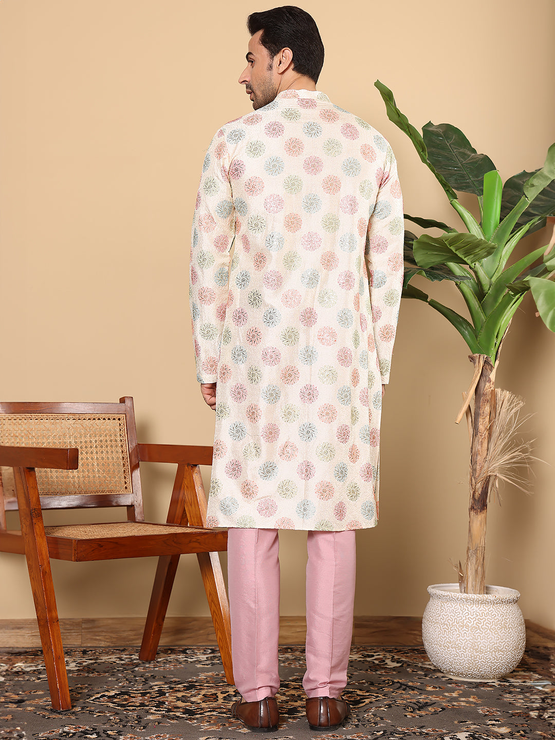 MULTI SHADES Men's Long Sleeve Mandarin Collar Elegant Cream Straight Viscose Dupion Silk Kurta With Embroidery | Grocsy