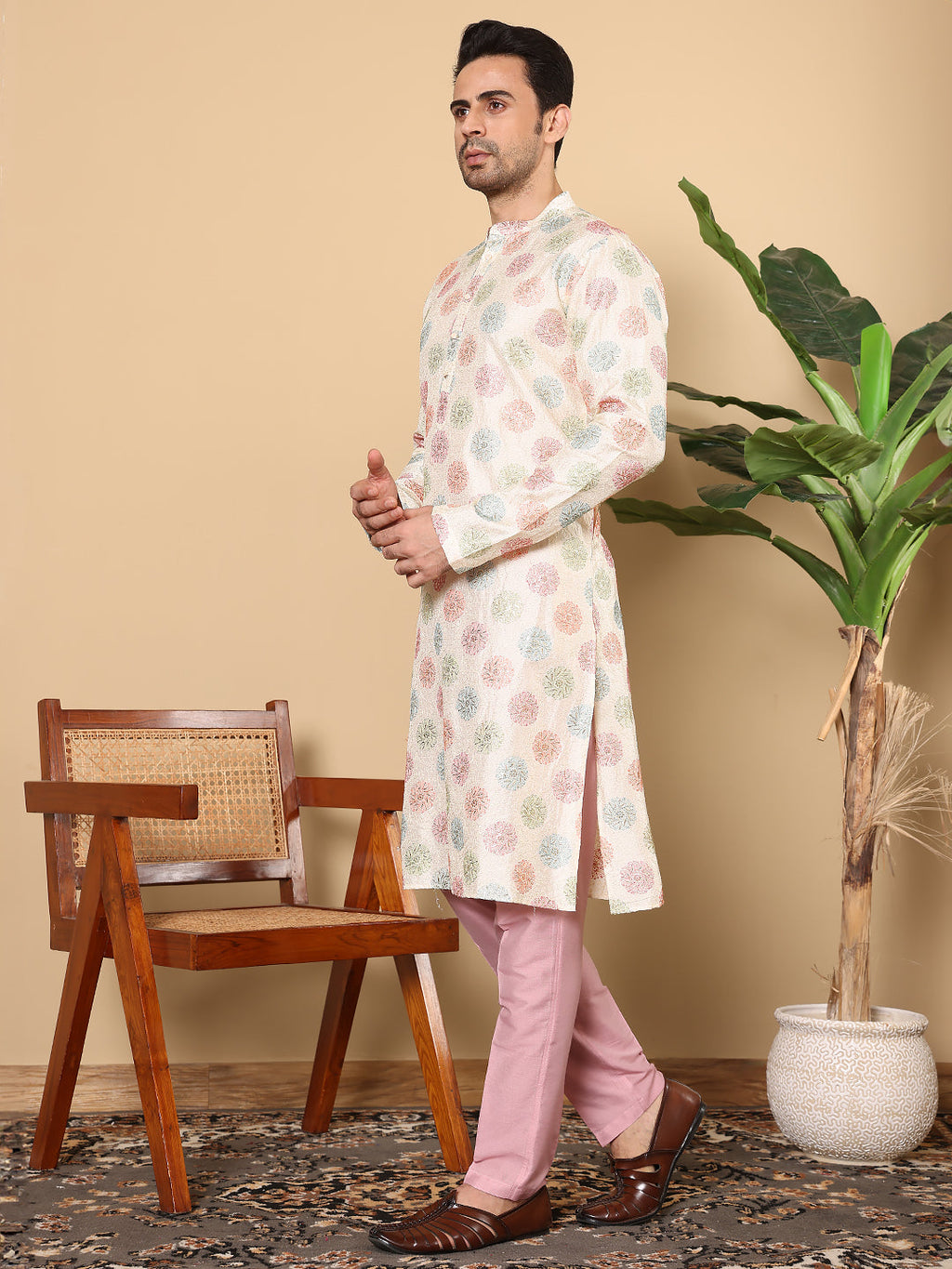 MULTI SHADES Men's Long Sleeve Mandarin Collar Elegant Cream Straight Viscose Dupion Silk Kurta With Embroidery | Grocsy