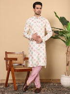 MULTI SHADES Men's Long Sleeve Mandarin Collar Elegant Cream Straight Viscose Dupion Silk Kurta With Embroidery | Grocsy