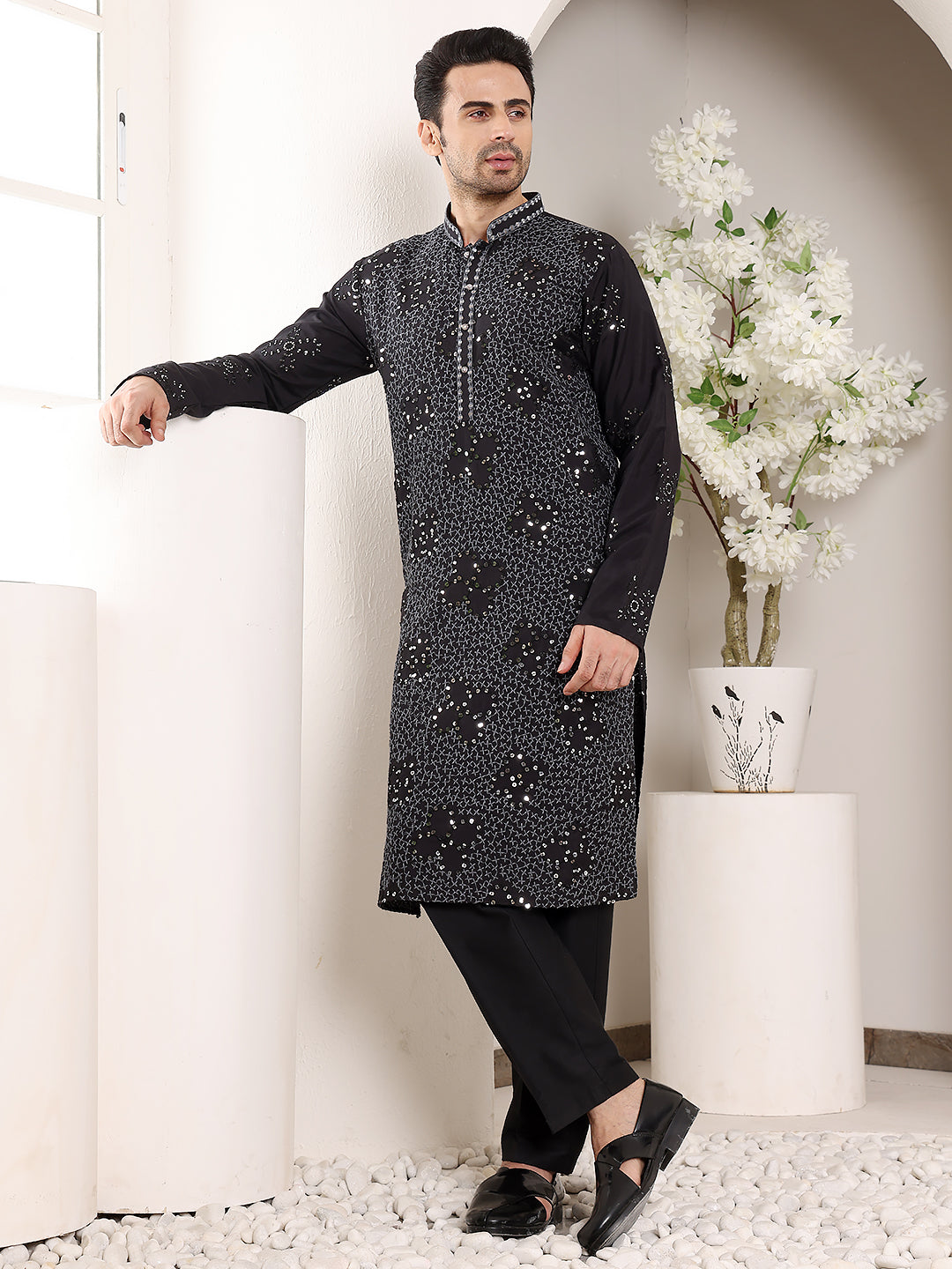 MULTI SHADES Men's Black Straight Rayon Silk Kurta With Embroidered Neckline And Motifs,Off White Solid Trouser Style Churidar | Grocsy
