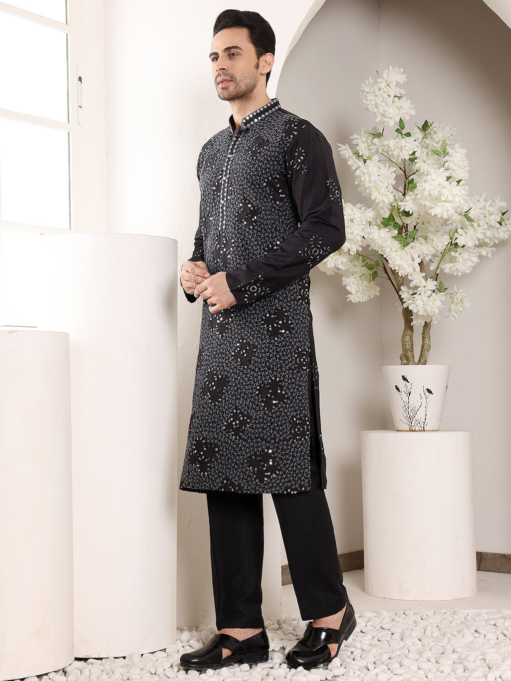 MULTI SHADES Men's Long Sleeve Mandarin Collar Black Straight Rayon Silk Kurta With Embroidered Neckline And Motifs | Grocsy