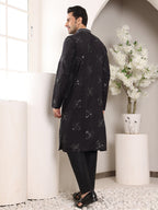 MULTI SHADES Men's Black Straight Rayon Silk Kurta With Embroidered Neckline And Motifs,Off White Solid Trouser Style Churidar | Grocsy