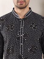 MULTI SHADES Men's Black Straight Rayon Silk Kurta With Embroidered Neckline And Motifs,Off White Solid Trouser Style Churidar | Grocsy
