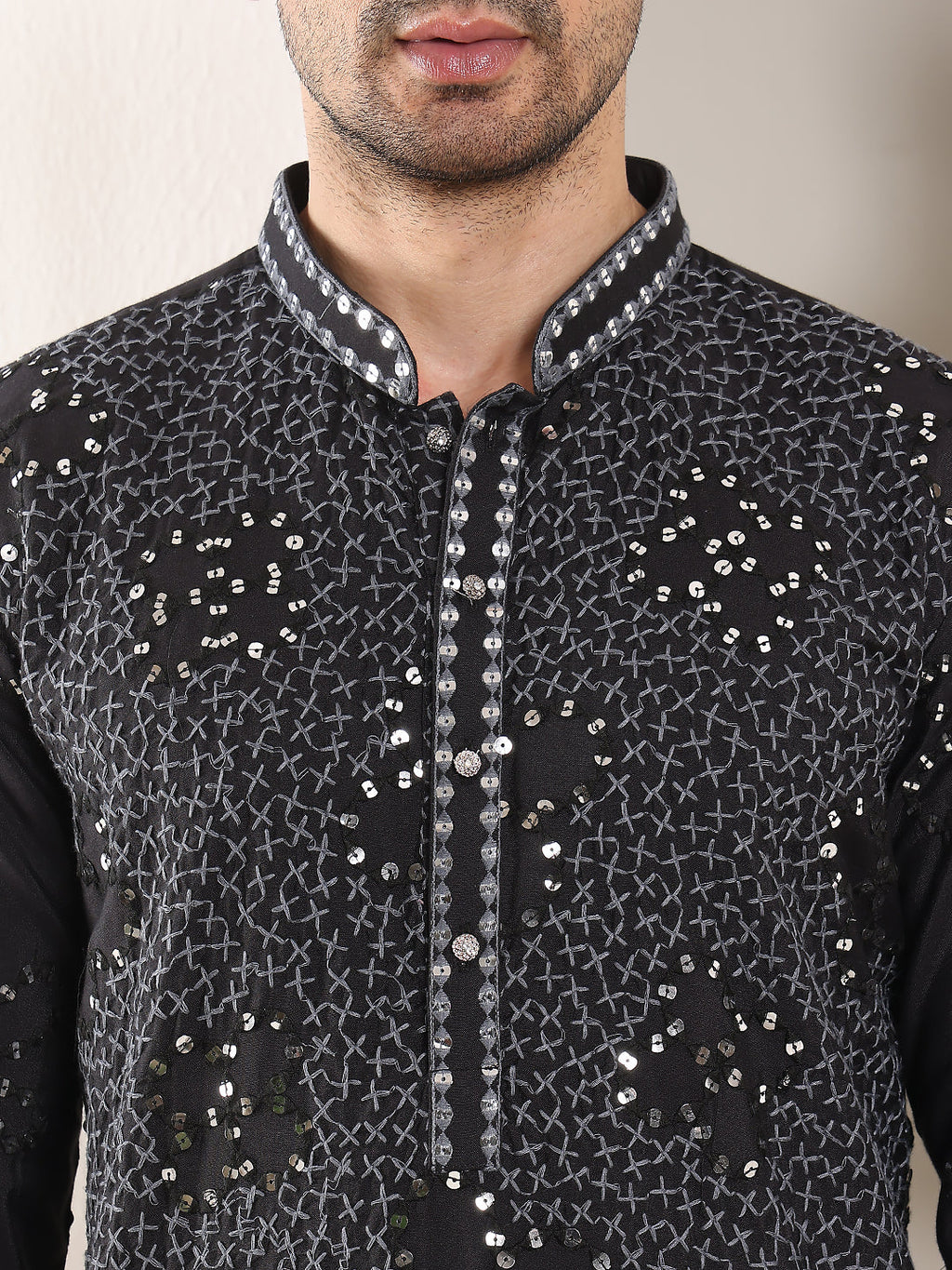 MULTI SHADES Men's Long Sleeve Mandarin Collar Black Straight Rayon Silk Kurta With Embroidered Neckline And Motifs | Grocsy