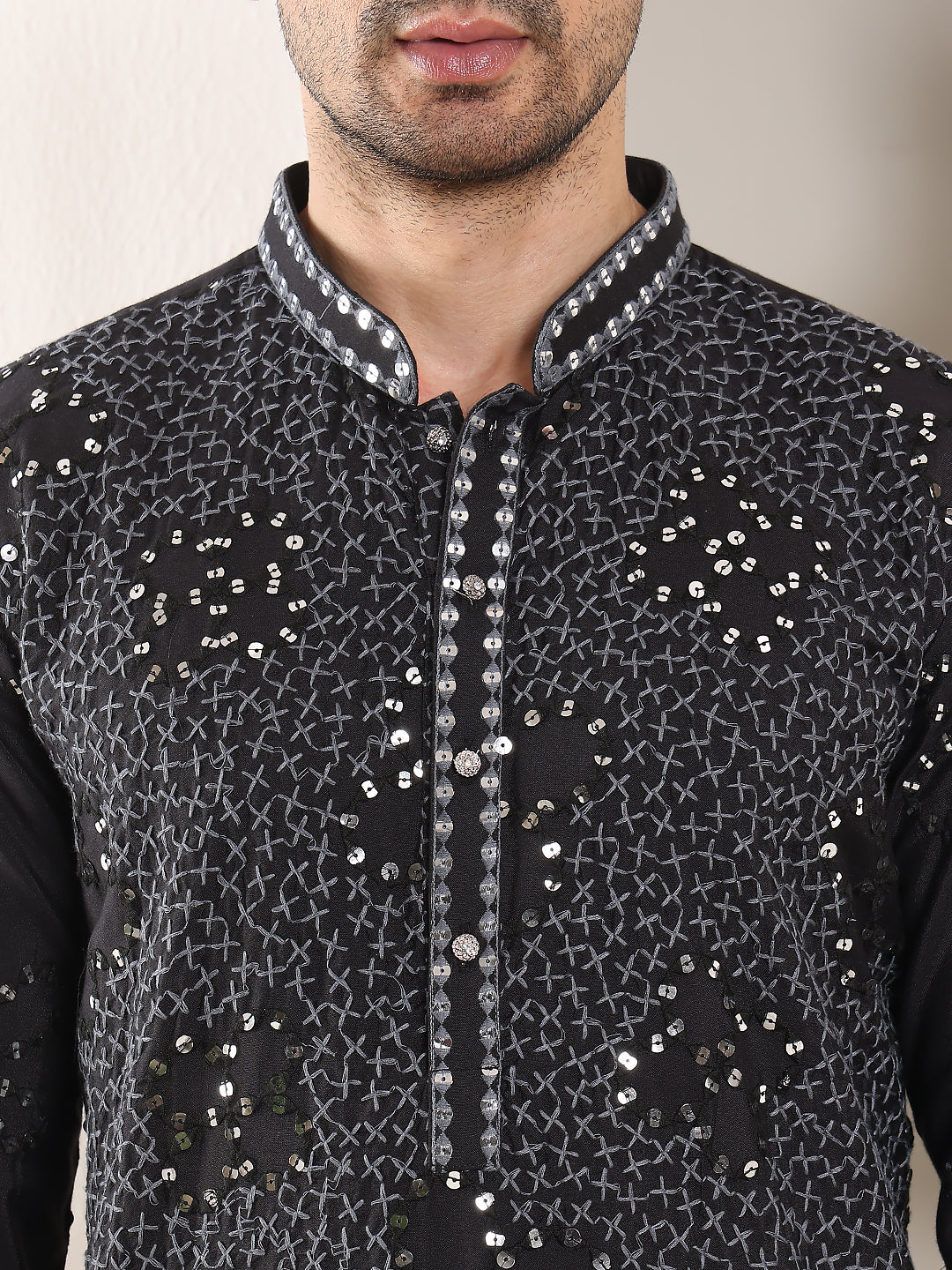 MULTI SHADES Men's Long Sleeve Mandarin Collar Black Straight Rayon Silk Kurta With Embroidered Neckline And Motifs | Grocsy