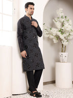 MULTI SHADES Men's Long Sleeve Mandarin Collar Black Straight Rayon Silk Kurta With Embroidered Neckline And Motifs | Grocsy