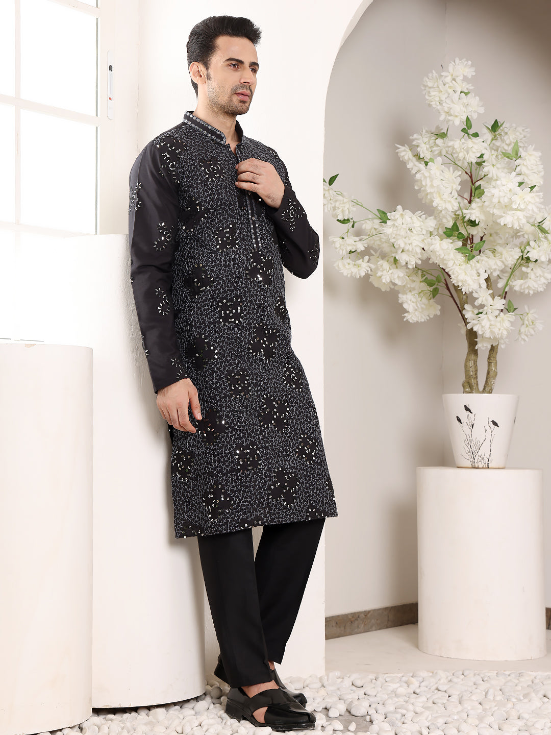MULTI SHADES Men's Long Sleeve Mandarin Collar Black Straight Rayon Silk Kurta With Embroidered Neckline And Motifs | Grocsy