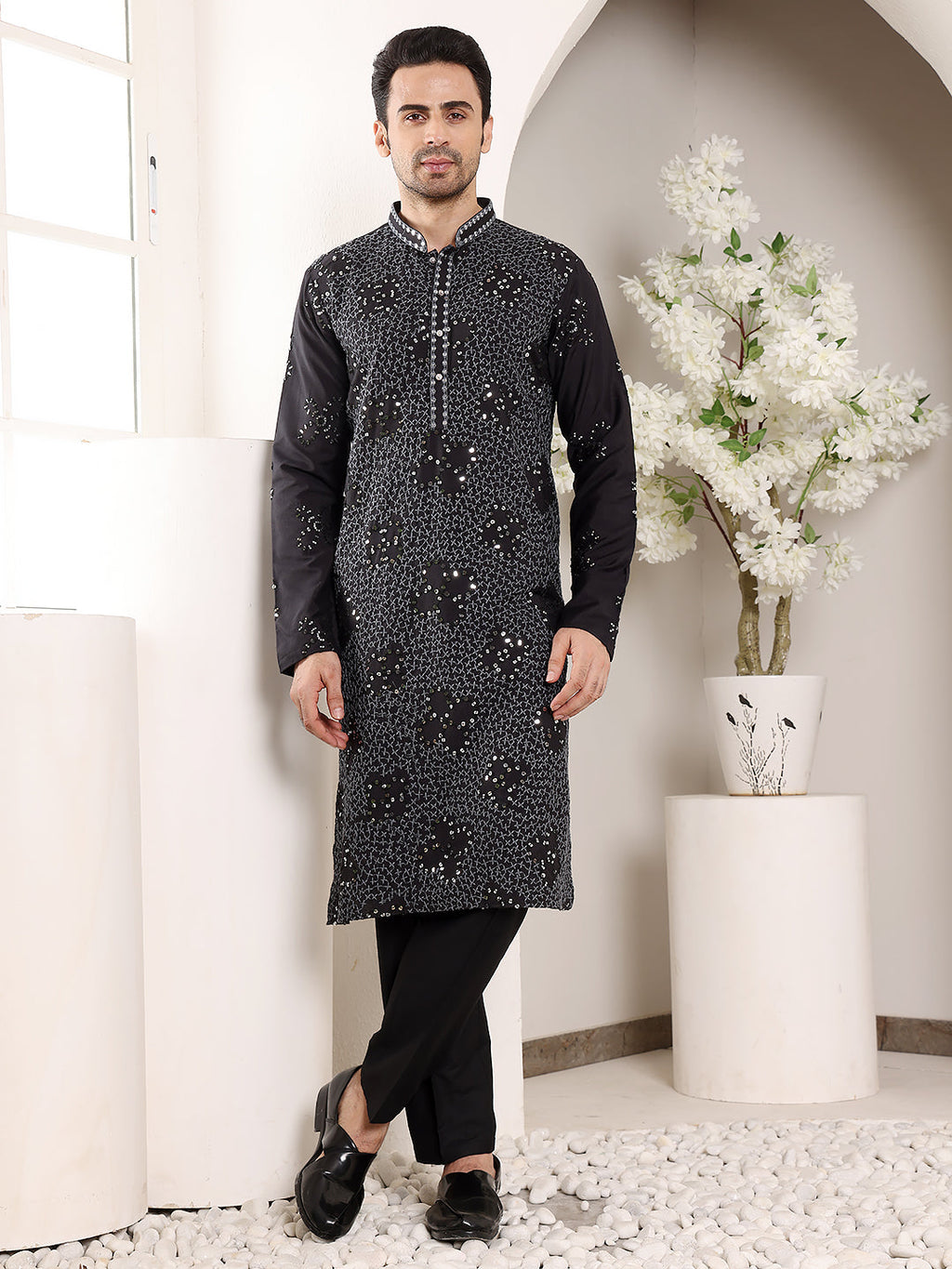 MULTI SHADES Men's Black Straight Rayon Silk Kurta With Embroidered Neckline And Motifs,Off White Solid Trouser Style Churidar | Grocsy
