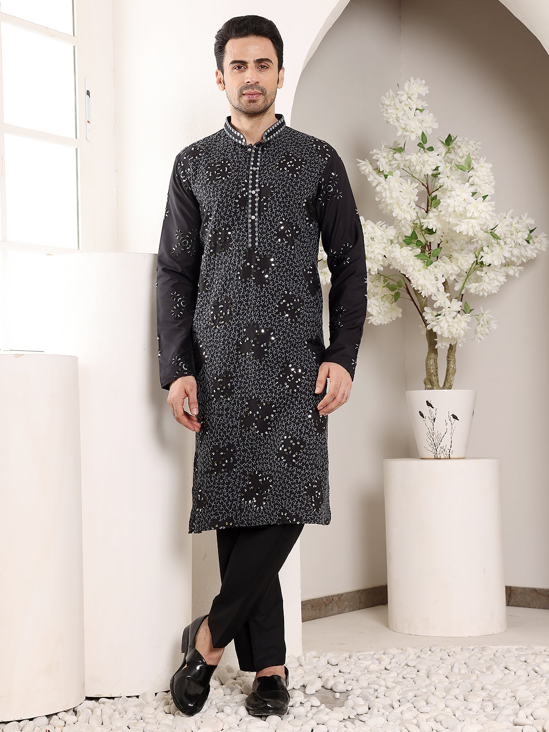 MULTI SHADES Men's Black Straight Rayon Silk Kurta With Embroidered Neckline And Motifs,Off White Solid Trouser Style Churidar | Grocsy