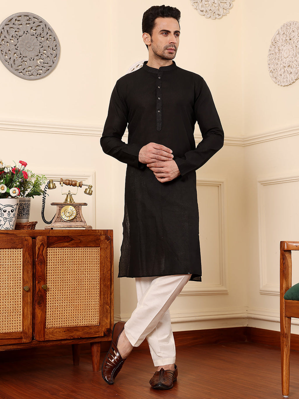 MULTI SHADES Men's Black Straight Viscose Silk Kurta With Textured Effect,Cream Solid Trouser Style Churidar | Grocsy