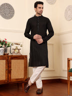MULTI SHADES Men's Black Straight Viscose Silk Kurta With Textured Effect,Cream Solid Trouser Style Churidar | Grocsy