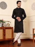 MULTI SHADES Men's Long Sleeve Mandarin Collar Black Straight Viscose Silk Kurta With Textured Effect | Grocsy