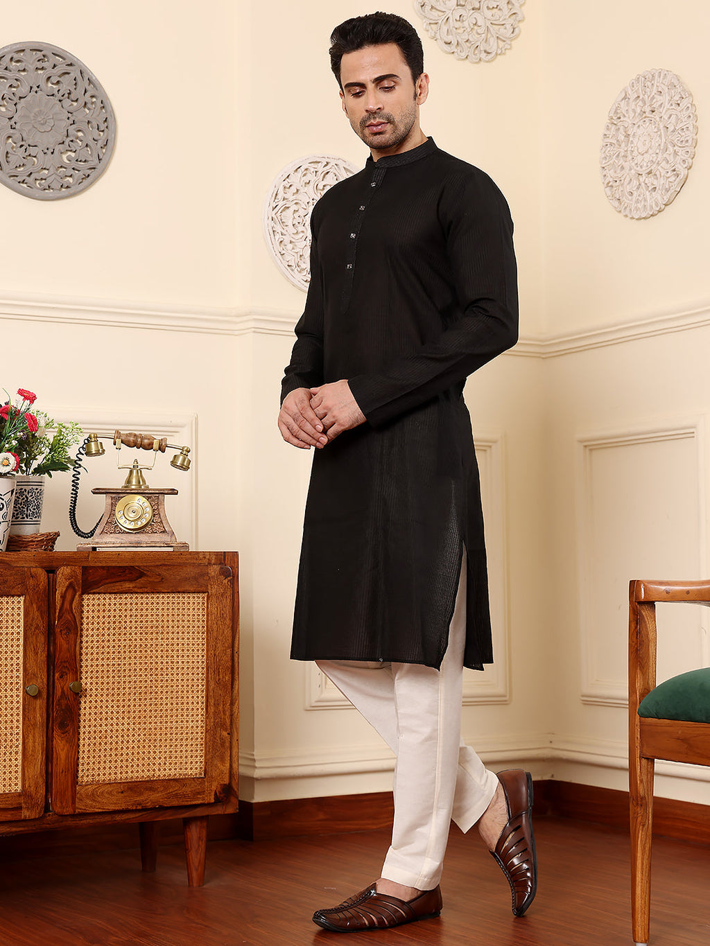 MULTI SHADES Men's Black Straight Viscose Silk Kurta With Textured Effect,Cream Solid Trouser Style Churidar | Grocsy