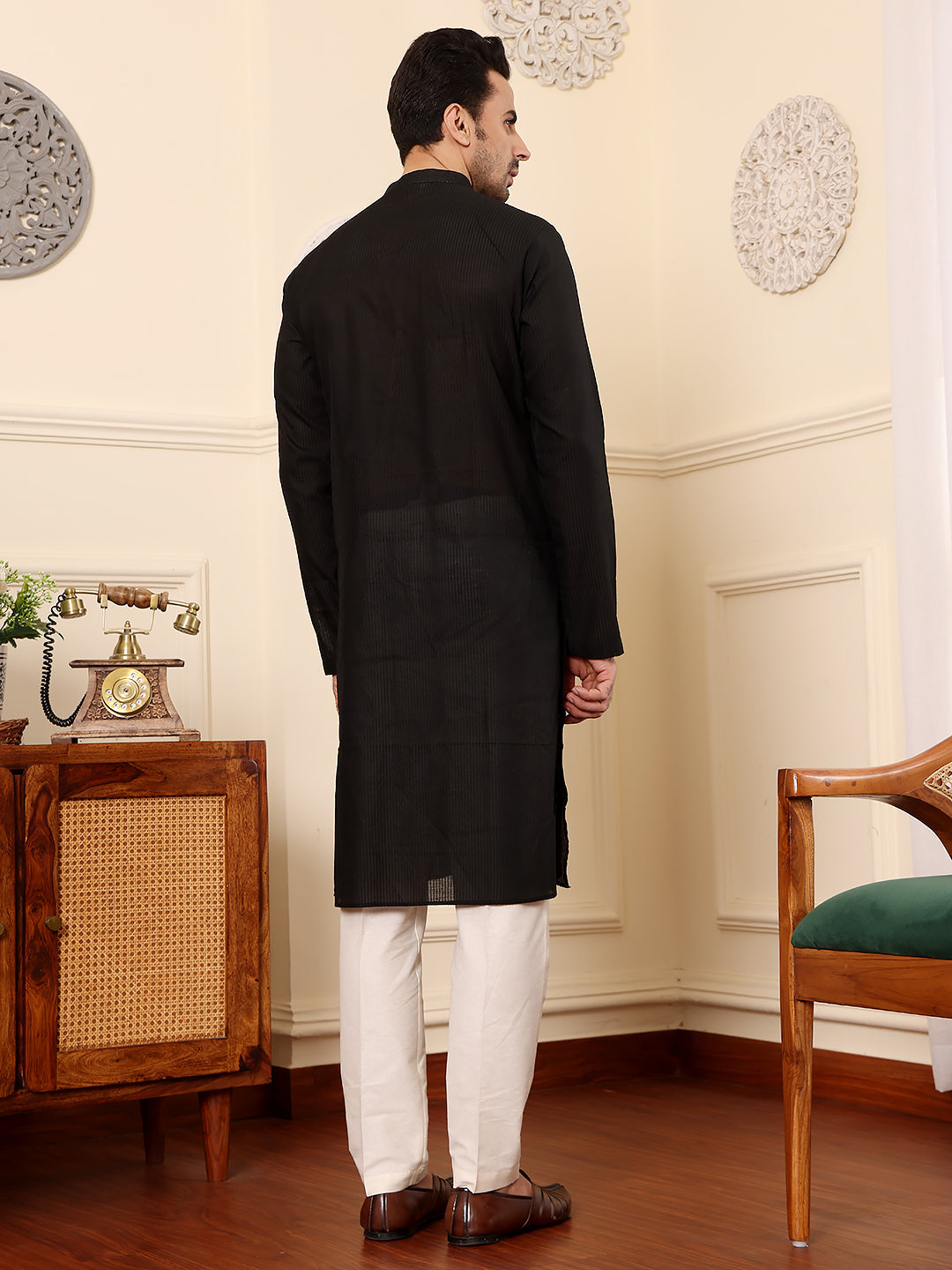 MULTI SHADES Men's Black Straight Viscose Silk Kurta With Textured Effect,Cream Solid Trouser Style Churidar | Grocsy