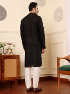 MULTI SHADES Men's Long Sleeve Mandarin Collar Black Straight Viscose Silk Kurta With Textured Effect | Grocsy