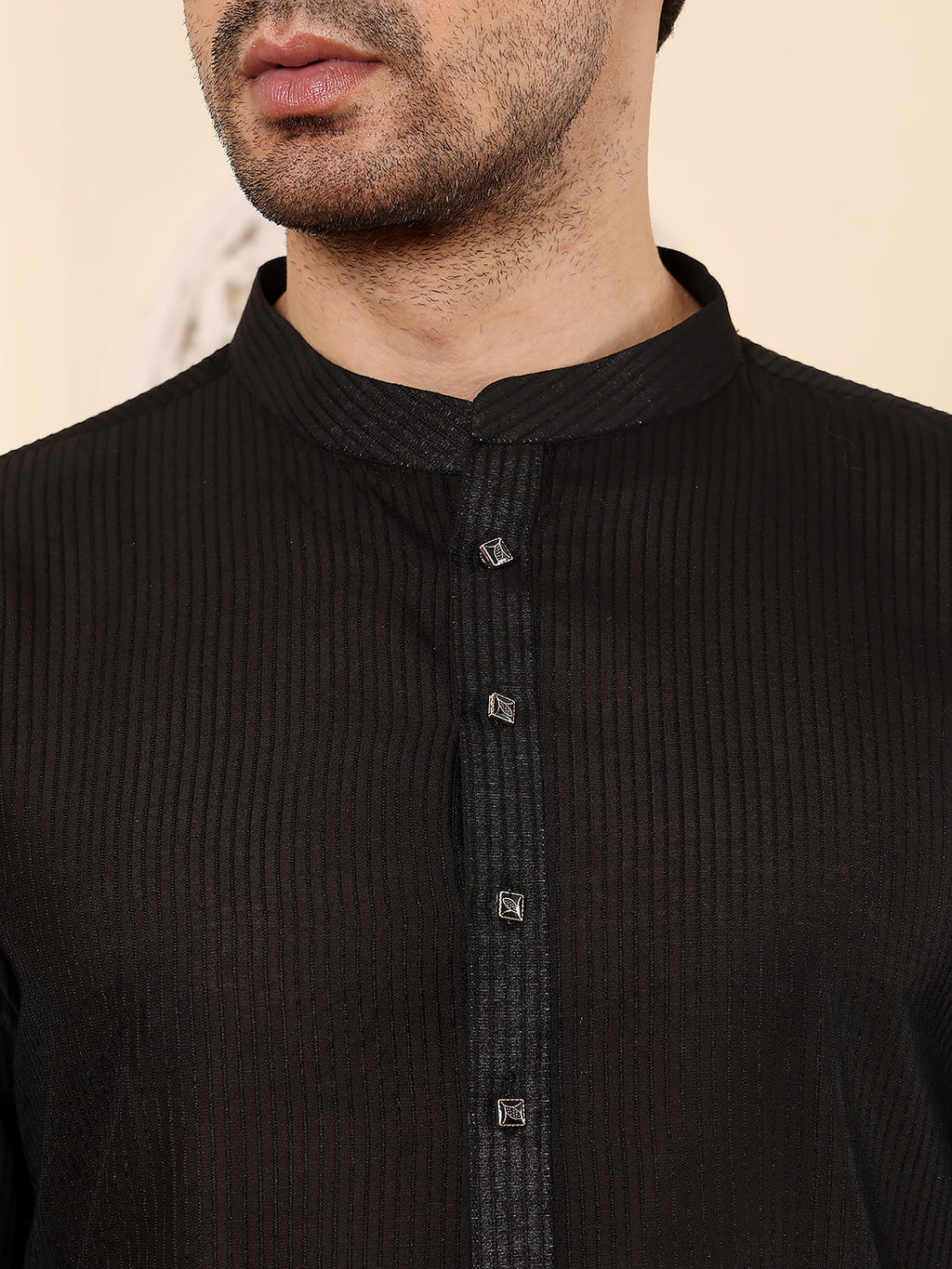 MULTI SHADES Men's Black Straight Viscose Silk Kurta With Textured Effect,Cream Solid Trouser Style Churidar | Grocsy