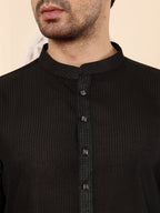 MULTI SHADES Men's Black Straight Viscose Silk Kurta With Textured Effect,Cream Solid Trouser Style Churidar | Grocsy