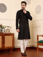 MULTI SHADES Men's Black Straight Viscose Silk Kurta With Textured Effect,Cream Solid Trouser Style Churidar | Grocsy