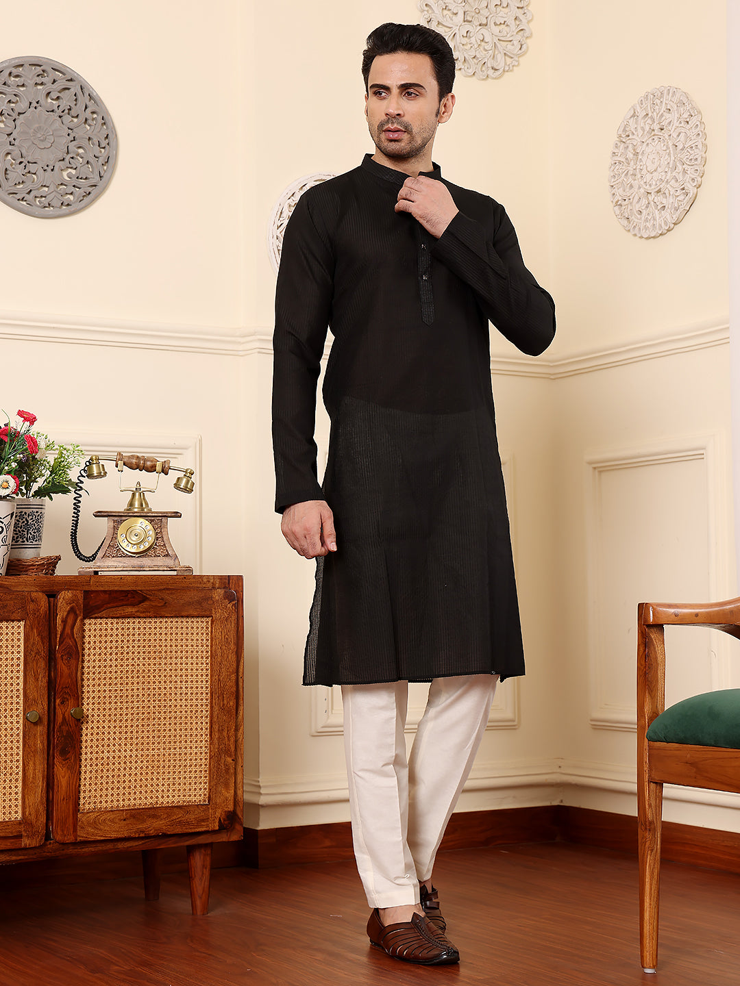 MULTI SHADES Men's Black Straight Viscose Silk Kurta With Textured Effect,Cream Solid Trouser Style Churidar | Grocsy