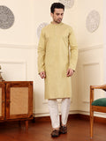 MULTI SHADES Men's Yellow Straight Rayon Silk Kurta With Textured Effect,Cream Solid Trouser Style Churidar | Grocsy