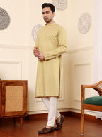MULTI SHADES Men's Yellow Straight Rayon Silk Kurta With Textured Effect,Cream Solid Trouser Style Churidar | Grocsy