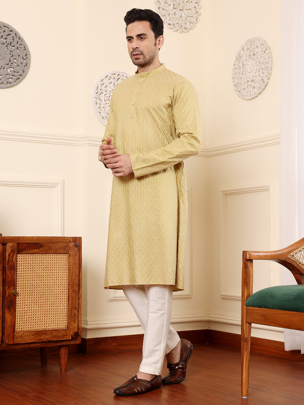MULTI SHADES Men's Long Sleeve Mandarin Collar Yellow Straight Rayon Silk Kurta With Textured Effect | Grocsy