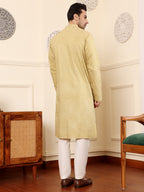 MULTI SHADES Men's Yellow Straight Rayon Silk Kurta With Textured Effect,Cream Solid Trouser Style Churidar | Grocsy